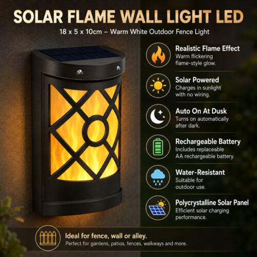 Solar Flame Wall Light LED (18 x 5 x 10cm) – Polycrystalline Solar Panel, Rechargeable Battery, Warm White Outdoor Fence Light