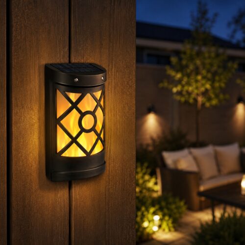 Solar Flame Wall Light LED (18 x 5 x 10cm) – Polycrystalline Solar Panel, Rechargeable Battery, Warm White Outdoor Fence Light