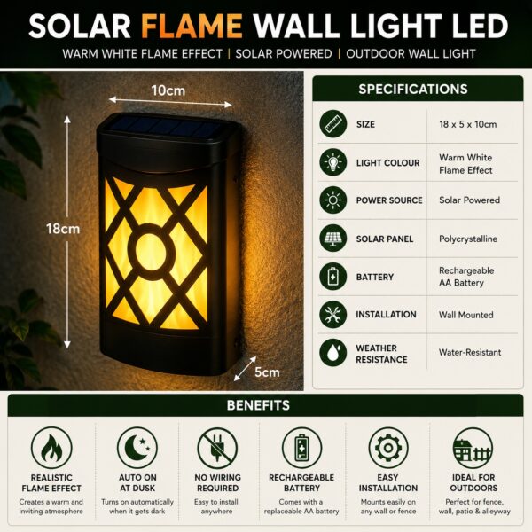 Solar Flame Wall Light LED (18 x 5 x 10cm) – Polycrystalline Solar Panel, Rechargeable Battery, Warm White Outdoor Fence Light