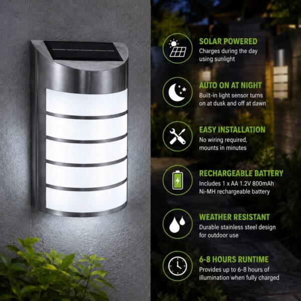 Solar Powered LED Stainless Steel Wall Light (26.5 x 16 x 7.2cm) – Auto Sensor, Rechargeable Battery, 6-8 Hour Outdoor Lighting 1 Solar Powered LED Stainless Steel Wall Light (26.5 x 16 x 7.2cm) – Auto Sensor, Rechargeable Battery, 6-8 Hour Outdoor Lighting