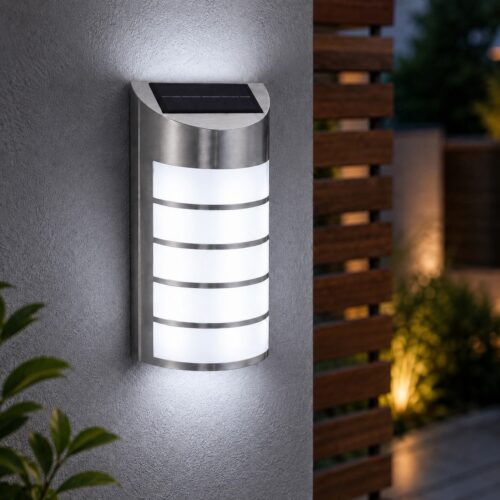 Solar Powered LED Stainless Steel Wall Light (26.5 x 16 x 7.2cm) – Auto Sensor, Rechargeable Battery, 6-8 Hour Outdoor Lighting