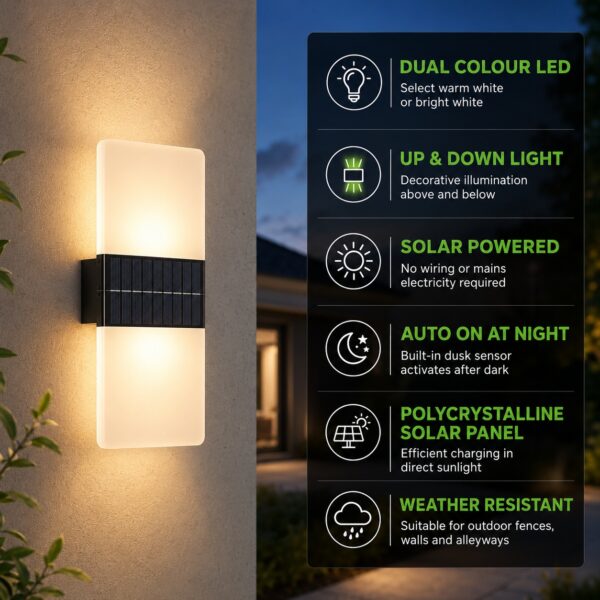 Solar Up/Down Acrylic Wall Light (2 x 8 x 3cm)  – Polycrystalline Solar Panel, Dual Colour Warm & Bright White LED, Outdoor Wall Light