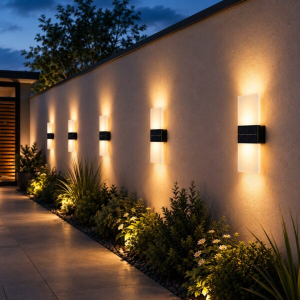 Solar Up/Down Acrylic Wall Light (2 x 8 x 3cm)  – Polycrystalline Solar Panel, Dual Colour Warm & Bright White LED, Outdoor Wall Light