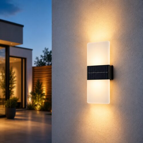 Solar Up/Down Acrylic Wall Light (2 x 8 x 3cm) – Polycrystalline Solar Panel, Dual Colour Warm & Bright White LED, Outdoor Wall Light