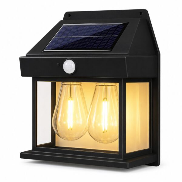 Double Bulb Solar Wall Light With Motion Sensor (18 x 5.5 x 17cm) – 3 Mode Warm White LED, Water-Resistant, 6-8 Hour Outdoor Lighting
