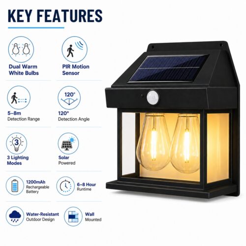 Double Bulb Solar Wall Light With Motion Sensor (18 x 5.5 x 17cm) – 3 Mode Warm White LED, Water-Resistant, 6-8 Hour Outdoor Lighting