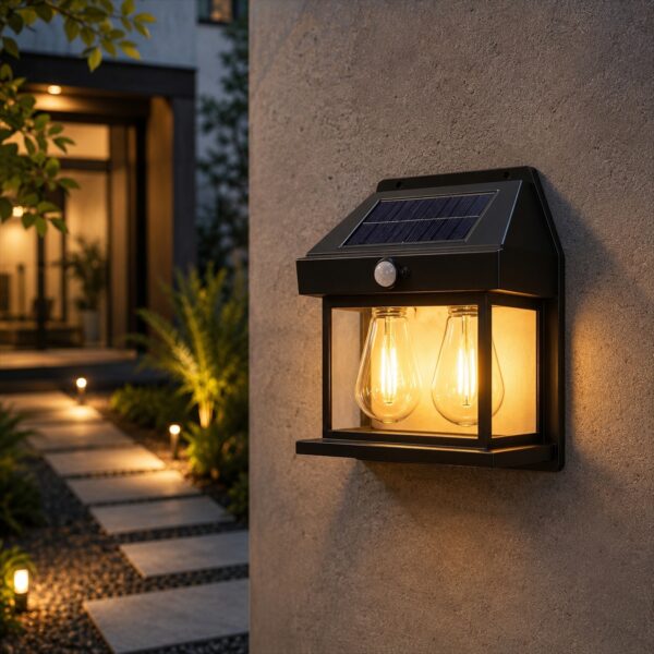 Double Bulb Solar Wall Light With Motion Sensor (18 x 5.5 x 17cm) – 3 Mode Warm White LED, Water-Resistant, 6-8 Hour Outdoor Lighting