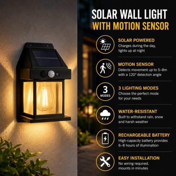 Solar Powered Wall Light With Motion Sensor (17 x 5.5 x 12cm) – 3 Mode Warm White LED, Water-Resistant, 6-8 Hour Outdoor Lighting
