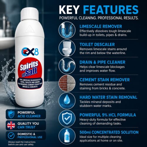OX8 Spirits of Salt Hydrochloric Acid Cleaner 1L – Limescale Remover, Toilet Descaler, Drain & Pipe Cleaner, Cement Stain Remover 9 OX8 Spirits of Salt Hydrochloric Acid Cleaner 1L – Limescale Remover, Toilet Descaler, Drain & Pipe Cleaner, Cement Stain Remover