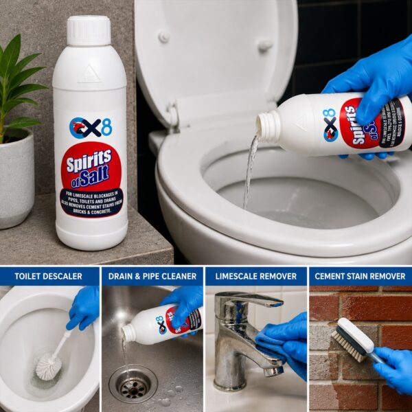 OX8 Spirits of Salt Hydrochloric Acid Cleaner 1L – Limescale Remover, Toilet Descaler, Drain & Pipe Cleaner, Cement Stain Remover 5 OX8 Spirits of Salt Hydrochloric Acid Cleaner 1L – Limescale Remover, Toilet Descaler, Drain & Pipe Cleaner, Cement Stain Remover