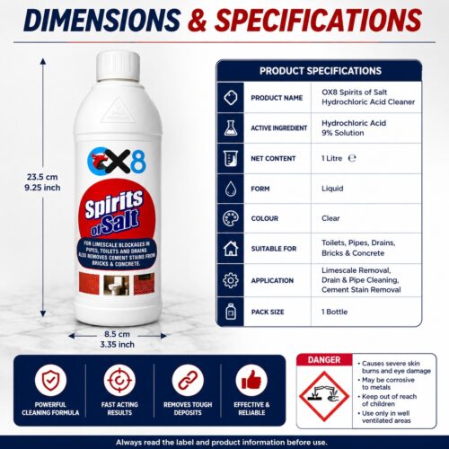 OX8 Spirits of Salt Hydrochloric Acid Cleaner 1L – Limescale Remover, Toilet Descaler, Drain & Pipe Cleaner, Cement Stain Remover 14 OX8 Spirits of Salt Hydrochloric Acid Cleaner 1L – Limescale Remover, Toilet Descaler, Drain & Pipe Cleaner, Cement Stain Remover