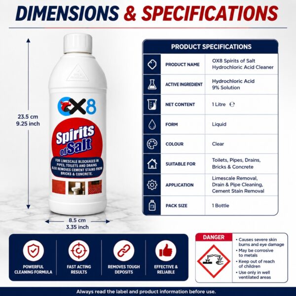 OX8 Spirits of Salt Hydrochloric Acid Cleaner 1L – Limescale Remover, Toilet Descaler, Drain & Pipe Cleaner, Cement Stain Remover 6 OX8 Spirits of Salt Hydrochloric Acid Cleaner 1L – Limescale Remover, Toilet Descaler, Drain & Pipe Cleaner, Cement Stain Remover