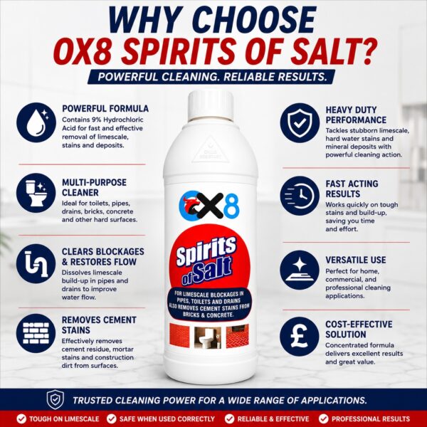 OX8 Spirits of Salt Hydrochloric Acid Cleaner 1L – Limescale Remover, Toilet Descaler, Drain & Pipe Cleaner, Cement Stain Remover 7 OX8 Spirits of Salt Hydrochloric Acid Cleaner 1L – Limescale Remover, Toilet Descaler, Drain & Pipe Cleaner, Cement Stain Remover