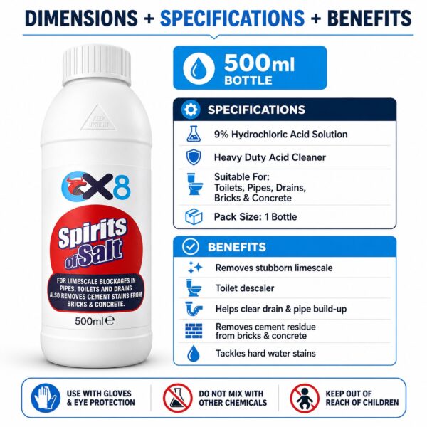 OX8 Spirits of Salt Hydrochloric Acid Cleaner 500ml – Limescale Remover, Toilet Descaler, Drain & Pipe Cleaner, Cement Stain Remover