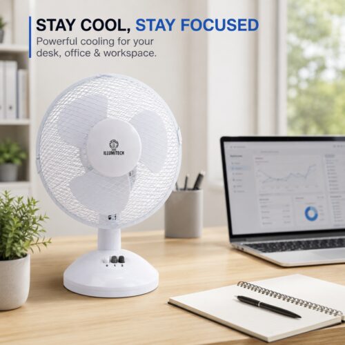 9" Oscillating White Desk Fan 22cm – Silent Motor, 70 Degree Oscillation, Adjustable Tilt Head, 2 Speed Settings, 22W - Image 4