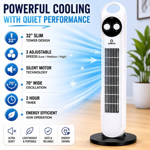 32" Tower Fan with 2 Hour Timer – 3 Speed Settings, Silent Motor, 70° Oscillation, 45W Home & Office Cooling Fan 9 32″ Tower Fan with 2 Hour Timer – 3 Speed Settings, Silent Motor, 70° Oscillation, 45W Home & Office Cooling Fan