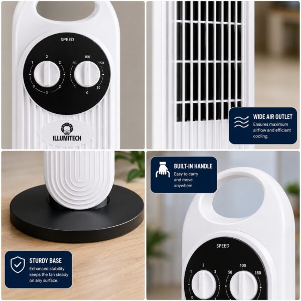 32" Tower Fan with 2 Hour Timer – 3 Speed Settings, Silent Motor, 70° Oscillation, 45W Home & Office Cooling Fan 5 32″ Tower Fan with 2 Hour Timer – 3 Speed Settings, Silent Motor, 70° Oscillation, 45W Home & Office Cooling Fan