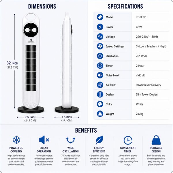 32" Tower Fan with 2 Hour Timer – 3 Speed Settings, Silent Motor, 70° Oscillation, 45W Home & Office Cooling Fan 6 32″ Tower Fan with 2 Hour Timer – 3 Speed Settings, Silent Motor, 70° Oscillation, 45W Home & Office Cooling Fan