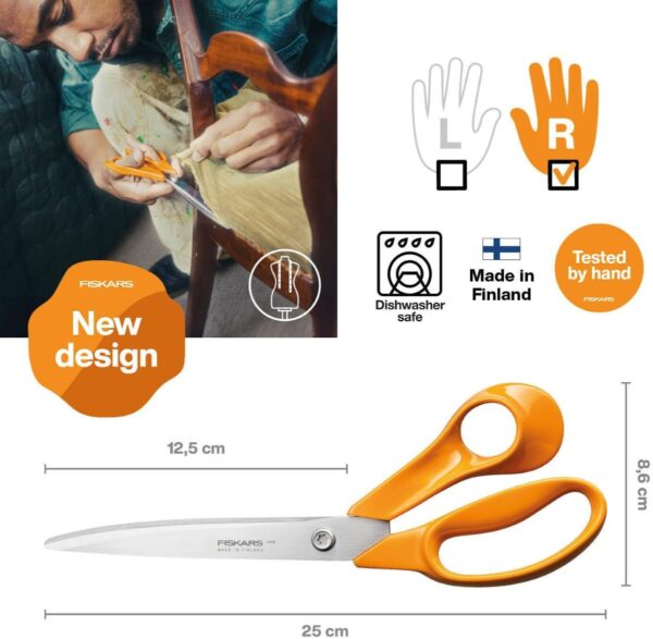 Fiskars Classic Universal Scissors 25cm – Stainless Steel Blades, Ergonomic Orange Handles, Right Handed Fabric & Paper Cutting 2 Fiskars Classic Universal Scissors 25cm – Stainless Steel Blades, Ergonomic Orange Handles, Right Handed Fabric & Paper Cutting