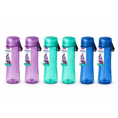 Sistema Hydrate Tritan Swift Water Bottle 600ml Mixed Colour 6 Pack – (2 Turquoise, 2 Pink, 2 Blue), BPA Free Leakproof Flip Lid Bottles