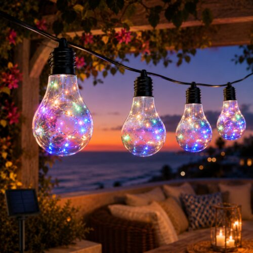 Solar Powered 10 Bulb String Lights 2.7M – Multicolour LED, Flashing & Steady Modes, IP44 Water-Resistant Outdoor Lights