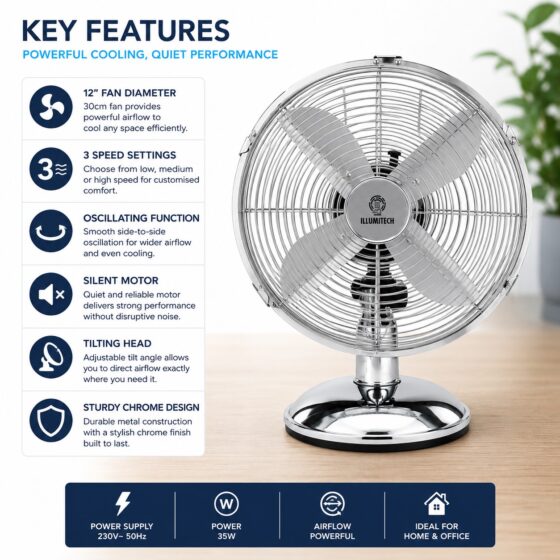 Home 4 12″ Oscillating Chrome Metal Desk Fan 30cm – 3 Speed, Silent Motor, 70° Oscillation, Adjustable Tilt, Strong Round Base
