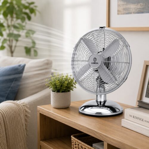 12" Oscillating Chrome Metal Desk Fan 30cm – 3 Speed, Silent Motor, 70° Oscillation, Adjustable Tilt, Strong Round Base 6 12″ Oscillating Chrome Metal Desk Fan 30cm – 3 Speed, Silent Motor, 70° Oscillation, Adjustable Tilt, Strong Round Base