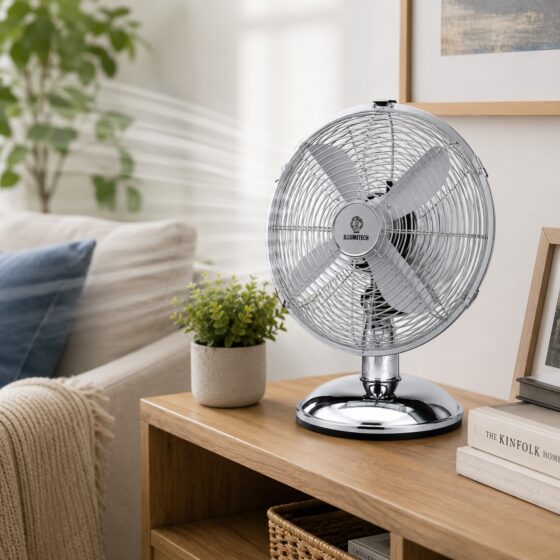 Home 3 12″ Oscillating Chrome Metal Desk Fan 30cm – 3 Speed, Silent Motor, 70° Oscillation, Adjustable Tilt, Strong Round Base