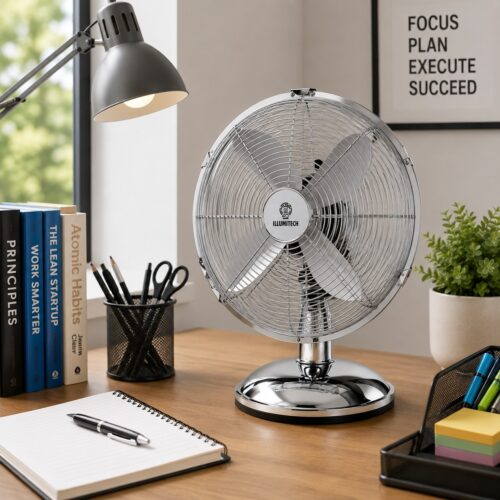 12" Oscillating Chrome Metal Desk Fan 30cm – 3 Speed, Silent Motor, 70° Oscillation, Adjustable Tilt, Strong Round Base 8 12″ Oscillating Chrome Metal Desk Fan 30cm – 3 Speed, Silent Motor, 70° Oscillation, Adjustable Tilt, Strong Round Base