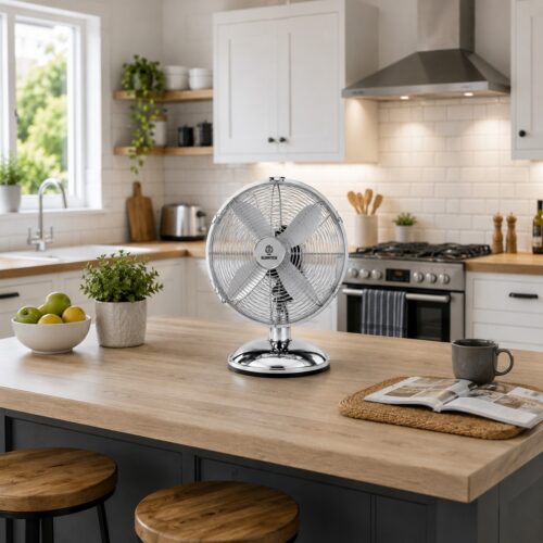 12" Oscillating Chrome Metal Desk Fan 30cm – 3 Speed, Silent Motor, 70° Oscillation, Adjustable Tilt, Strong Round Base 9 12″ Oscillating Chrome Metal Desk Fan 30cm – 3 Speed, Silent Motor, 70° Oscillation, Adjustable Tilt, Strong Round Base