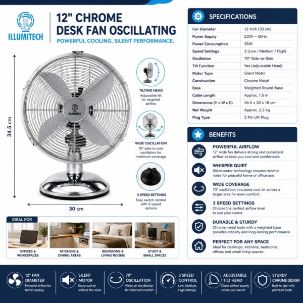 12" Oscillating Chrome Metal Desk Fan 30cm – 3 Speed, Silent Motor, 70° Oscillation, Adjustable Tilt, Strong Round Base 4 12″ Oscillating Chrome Metal Desk Fan 30cm – 3 Speed, Silent Motor, 70° Oscillation, Adjustable Tilt, Strong Round Base
