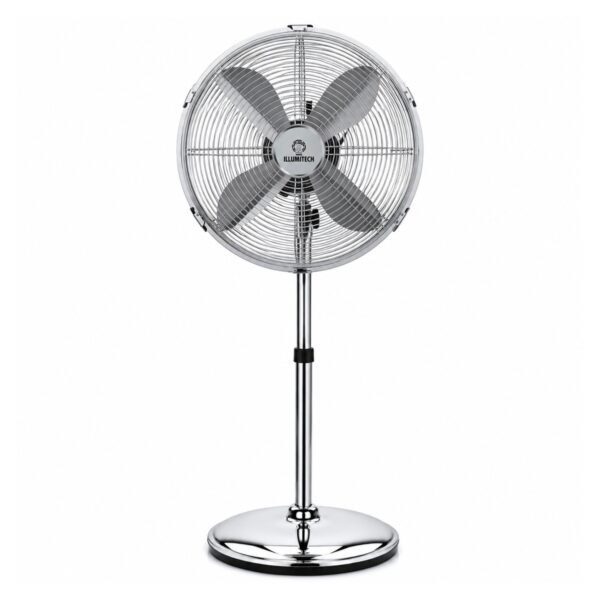 16″ Oscillating Chrome Metal Pedestal Fan 40cm – 3 Speed Settings, 70° Oscillation, Silent Motor, Adjustable Tilt, Strong Round Base