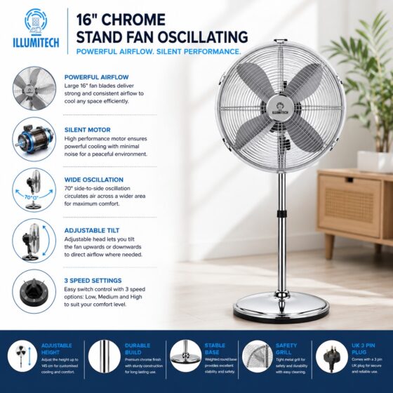 Home 2 16″ Oscillating Chrome Metal Pedestal Fan 40cm – 3 Speed Settings, 70° Oscillation, Silent Motor, Adjustable Tilt, Strong Round Base