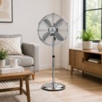 16″ Oscillating Chrome Metal Pedestal Fan 40cm – 3 Speed Settings, 70° Oscillation, Silent Motor, Adjustable Tilt, Strong Round Base