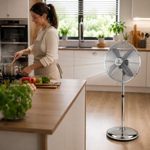 16″ Oscillating Chrome Metal Pedestal Fan 40cm – 3 Speed Settings, 70° Oscillation, Silent Motor, Adjustable Tilt, Strong Round Base