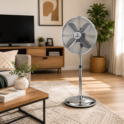 16″ Oscillating Chrome Metal Pedestal Fan 40cm – 3 Speed Settings, 70° Oscillation, Silent Motor, Adjustable Tilt, Strong Round Base