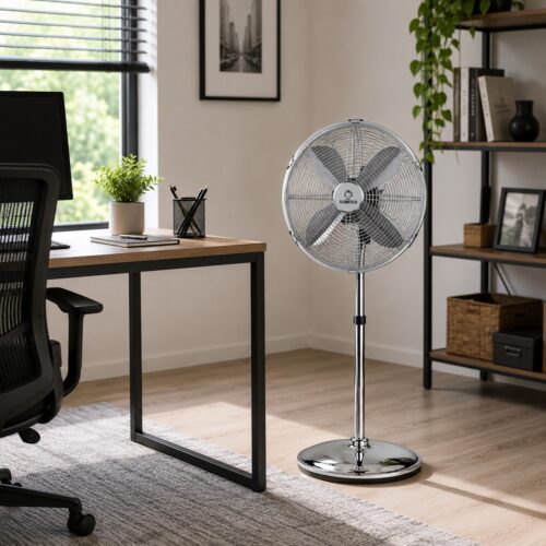 16″ Oscillating Chrome Metal Pedestal Fan 40cm – 3 Speed Settings, 70° Oscillation, Silent Motor, Adjustable Tilt, Strong Round Base