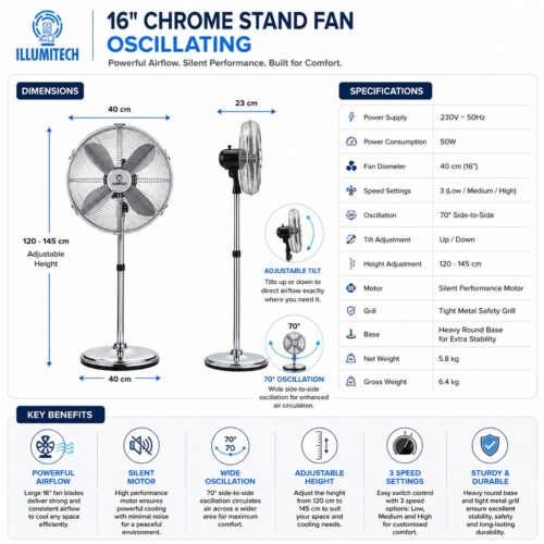 16″ Oscillating Chrome Metal Pedestal Fan 40cm – 3 Speed Settings, 70° Oscillation, Silent Motor, Adjustable Tilt, Strong Round Base