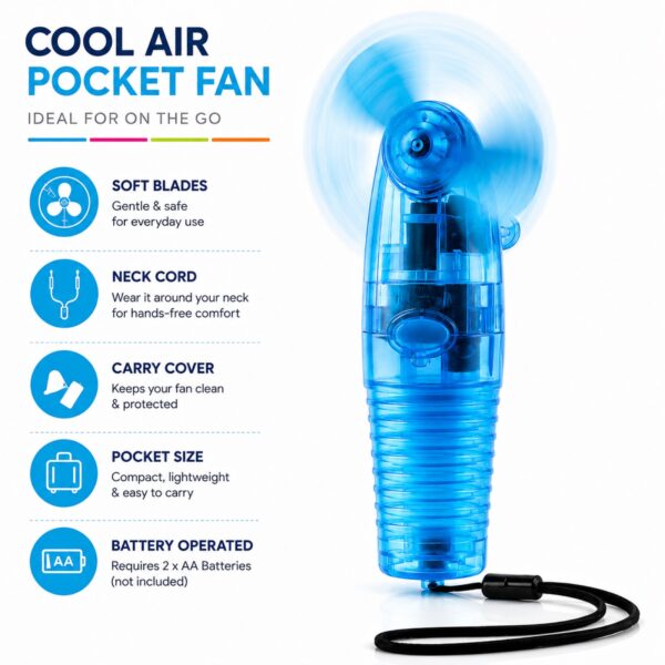 Cool Air Pocket Fan Blue – Portable Battery Operated Handheld Mini Fan with Lanyard, Carry Cover & Travel Cooling