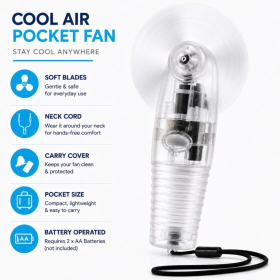 Cool Air Pocket Fan Clear – Portable Battery Operated Handheld Mini Fan with Lanyard, Carry Cover & Travel Cooling