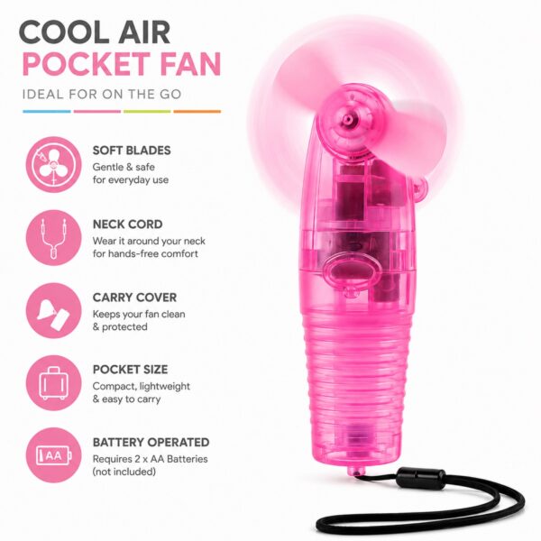 Cool Air Pocket Fan Pink – Portable Battery Operated Handheld Mini Fan with Lanyard, Carry Cover & Travel Cooling