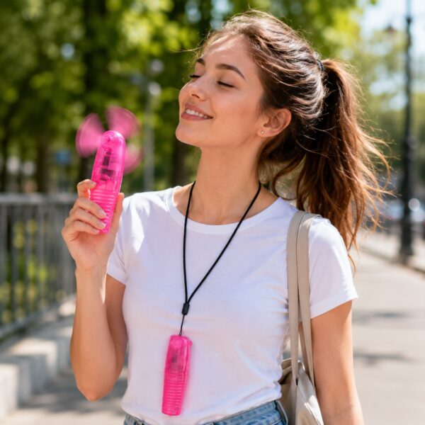 Cool Air Pocket Fan Pink – Portable Battery Operated Handheld Mini Fan with Lanyard, Carry Cover & Travel Cooling