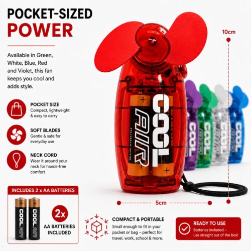 Handheld Mini Fan 2.5" Red – Battery Operated Portable Pocket Cooling Fan, Lightweight Travel Fan, 2 AA Batteries Included - Image 3