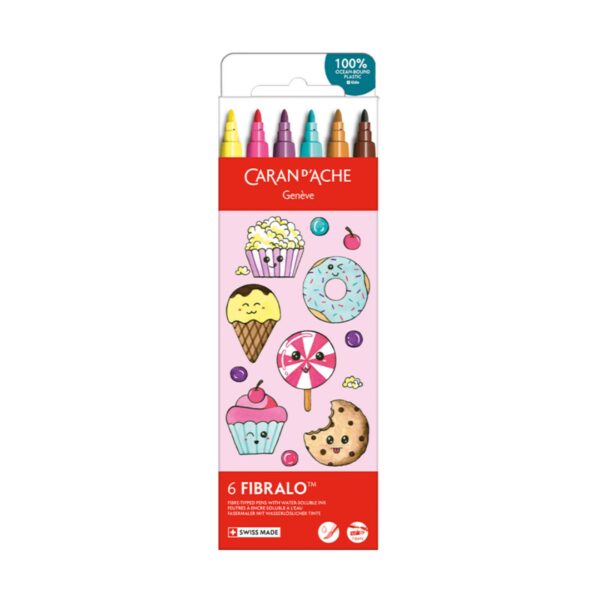 CRD-0185.801 Caran d’Ache Kawaii Candy World Fibralo Felt Pens 6 Pack – Water Soluble Fibre-Tipped Colouring Pens in Cute Cardboard Box
