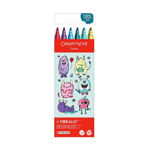 CRD-0185.801 Caran d’Ache Kawaii Monsters Fibralo Felt Pens 6 Pack – Water Soluble Fibre-Tipped Colouring Pens in Cute Cardboard Box