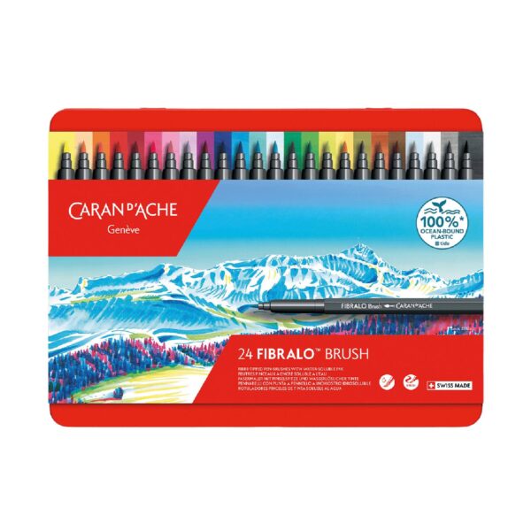 Caran d’Ache Fibralo Brush Pens 24 Colours – Water Soluble Fibre-Tipped Brush Pens, Metal Tin for Drawing, Calligraphy & Watercolour
