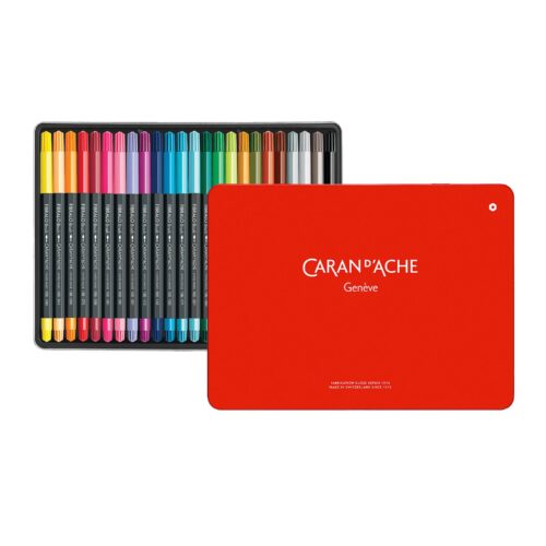 Caran d’Ache Fibralo Brush Pens 24 Colours – Water Soluble Fibre-Tipped Brush Pens, Metal Tin for Drawing, Calligraphy & Watercolour