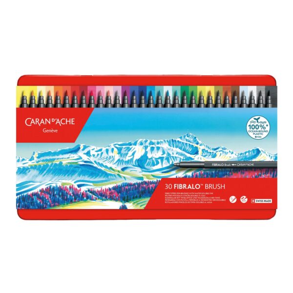 CRD-0186.330 Caran d’Ache Fibralo Brush Pens 30 Colours – Water Soluble Fibre-Tipped Brush Pens, Metal Tin for Drawing, Calligraphy & Watercolour