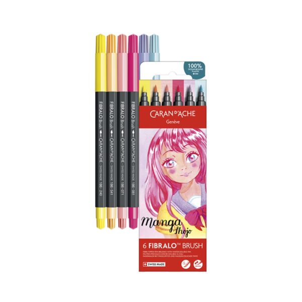 Caran d'Ache Manga Shojo Fibralo Brush Pens 6 Pack – Water Soluble Fibre-Tipped Brush Pens in Cardboard Box 1 CRD 0186.801 2