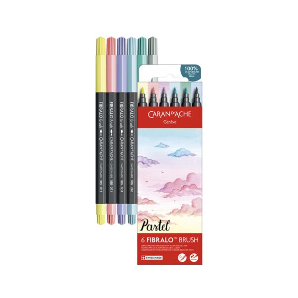 Caran d'Ache Pastel Fibralo Brush Pens 6 Pack – Water Soluble Fibre-Tipped Brush Pens in Cardboard Box 1 CRD 0186.802 2